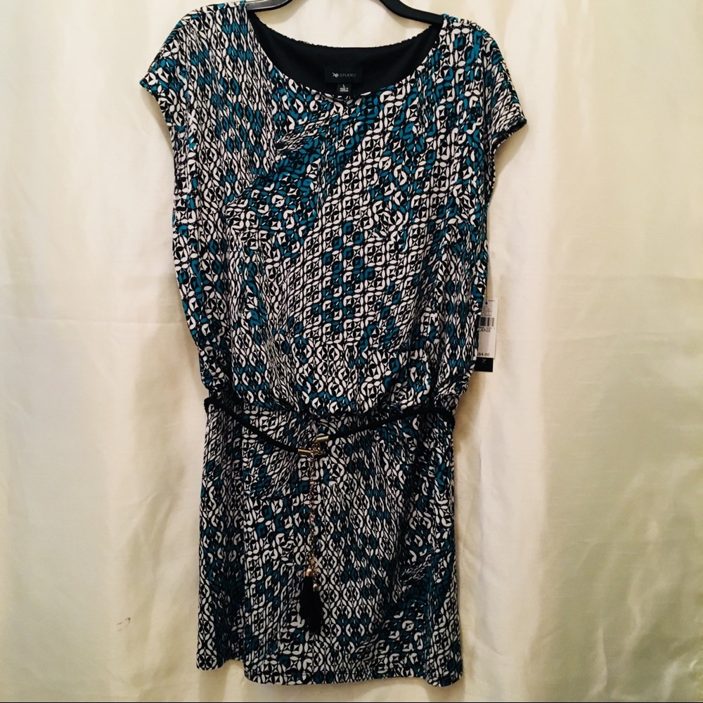 AB Studio short dress in teal, black and white